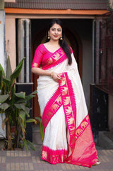 Off White And Rani Woven Silk Saree
