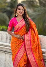 Turquoise Orange Banarasi Silk Saree – Festive Radiance in Every Drape