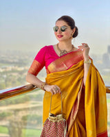Raveena - Yellow Soft Banarasi Silk Saree with Jacquard Work and Rich Pink Blouse