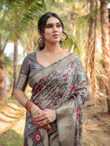 Fossil Gray Floral Printed Cotton Silk Saree