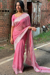 Sushila – Pink Pure Linen Silk Saree with Jacquard Detailing