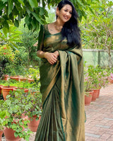 Mitera Green Woven Designer Party Wear Soft Silk Lichi Silk Saree .