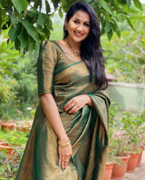 Mitera Green Woven Designer Party Wear Soft Silk Lichi Silk Saree .