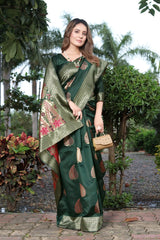 Invaluable Dark Green Soft Banarasi Silk Saree