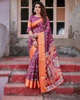 Pink & Orange Floral Printed Cotton Silk Saree