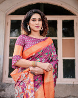 Pink & Orange Floral Printed Cotton Silk Saree