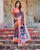 Royal Blue & Orange Floral Printed Cotton Silk Saree