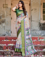Green & Cream Floral Printed Cotton Silk Saree