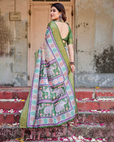 Green & Cream Floral Printed Cotton Silk Saree