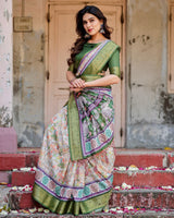 Green & Cream Floral Printed Cotton Silk Saree