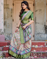 Green & Cream Floral Printed Cotton Silk Saree