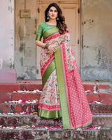 Baby Pink & Green Floral Printed Cotton Silk Saree