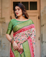 Baby Pink & Green Floral Printed Cotton Silk Saree