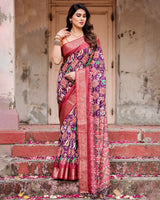 Purple & Red Floral Printed Cotton Silk Saree