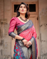 Pink & Black Floral Printed Cotton Silk Saree