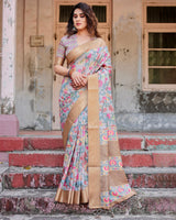 Dark Grey & Cream Floral Printed Cotton Silk Saree