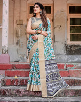 Light Blue & Green Floral Printed Cotton Silk Saree
