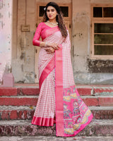 Pink & Off White Floral Printed Cotton Silk Saree