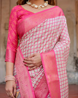 Pink & Off White Floral Printed Cotton Silk Saree