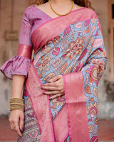 Grey & Pink Flower Floral Printed Cotton Silk Saree