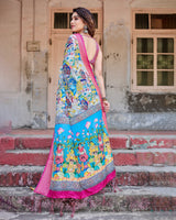 Sky Blue & Pink Floral Printed Cotton Silk Saree