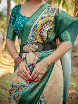 Pine Green & Beige Floral Printed Cotton Silk Saree