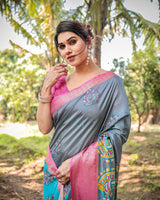 Steel Grey Floral Printed Cotton Silk Saree