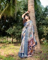 Light Grey & Blue Floral Printed Cotton Silk Saree