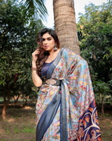 Light Grey & Blue Floral Printed Cotton Silk Saree