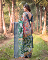 Dark Green Floral Printed Cotton Silk Saree