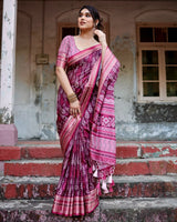 Dark Fuchsia Pink Floral Printed Cotton Silk Saree