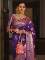 Vijayalakshmi - Purple Kanjivaram Silk Saree with Gold Paisley Zari Border