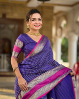Vaishnavi - Purple Kanjivaram Silk Saree with Silver Zari Checked Pattern