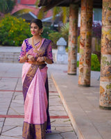 Bhagyashri – Pink Soft Banarasi Silk Saree with Jacquard Work and Contrast Embroidered Blouse
