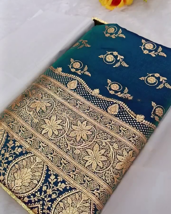 Prabhamati - Teal Banarasi Silk Saree with Zari Floral Weaving