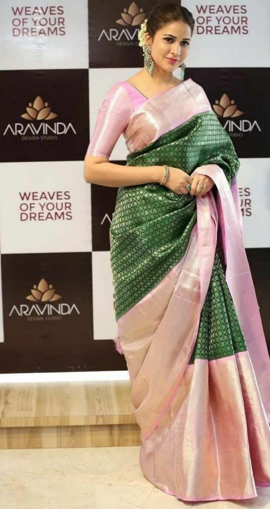 Green & Baby Pink Soft Banarasi Silk Saree