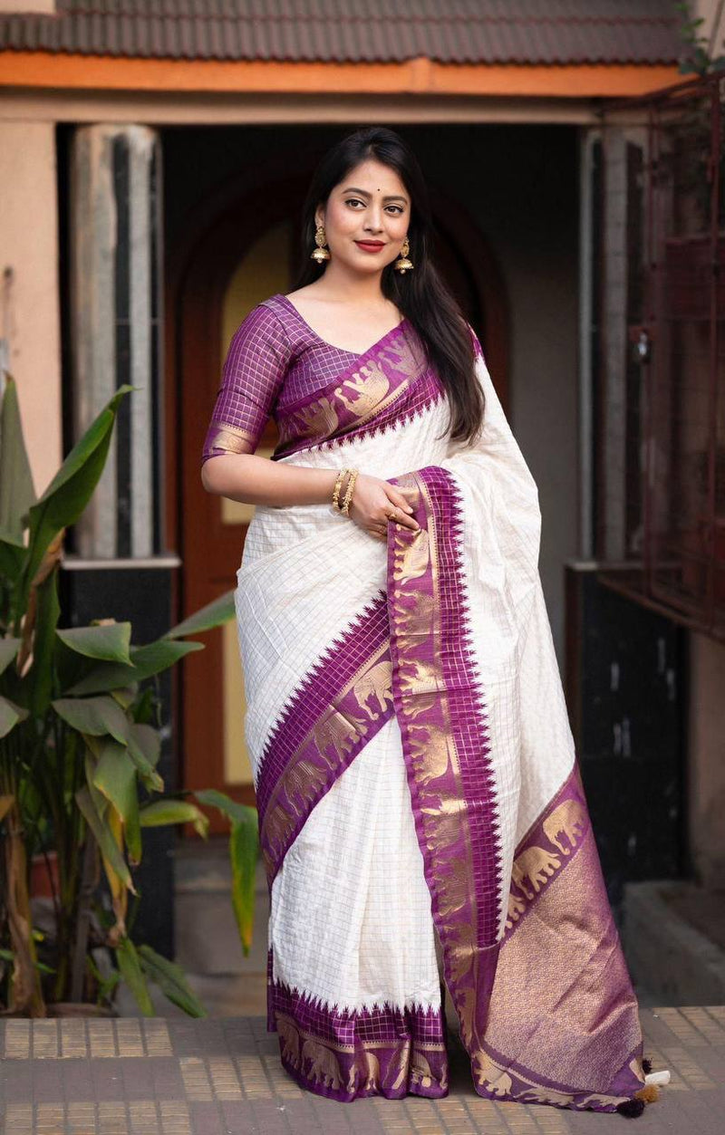 Fascinating Off White And Purple Silk Saree