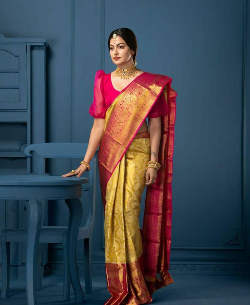Lissome Yellow Soft Silk Saree