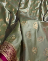 Charulata - Green Katan Silk Saree with Zari Boota and Pink Border