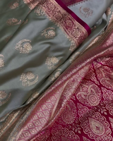 Charulata - Green Katan Silk Saree with Zari Boota and Pink Border