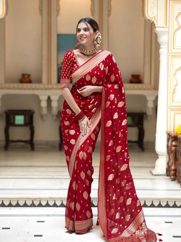 Scarlet Red Banarasi Soft Silk Saree