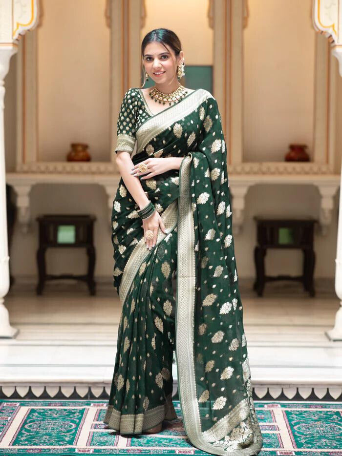 Green Banarasi Soft Silk Saree
