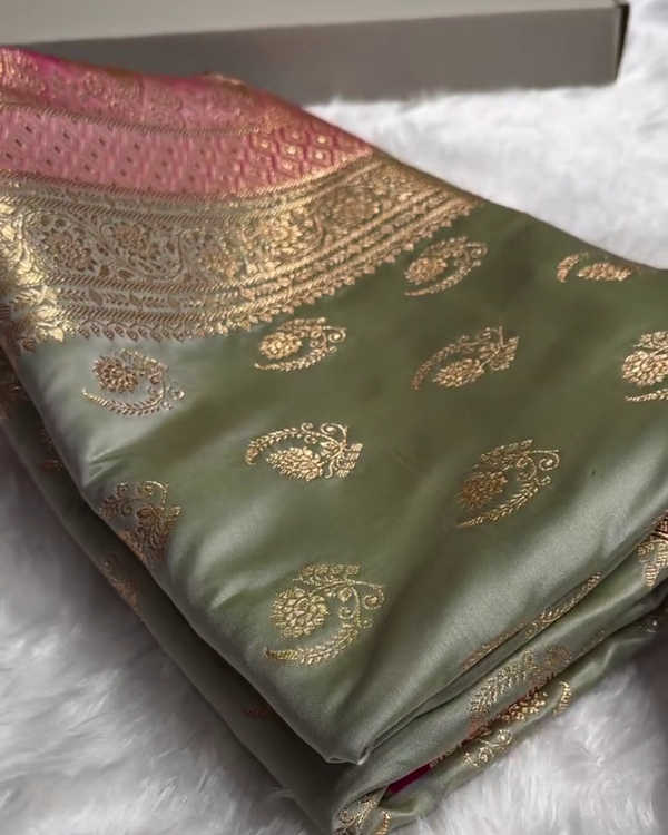 Charulata - Green Katan Silk Saree with Zari Boota and Pink Border