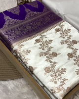 Shantika – White Banarasi Katan Satin Silk Saree with Purple Zari Weaving