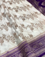 Shantika – White Banarasi Katan Satin Silk Saree with Purple Zari Weaving