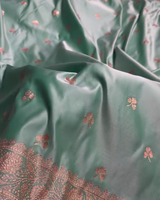 Urmila – Green Banarasi Semi-Katan Silk Saree with Golden Zari Butta and Broad Border