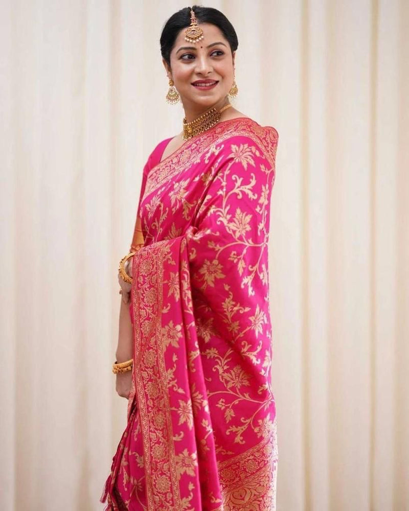 Carmine Pink Banarasi Silk Saree