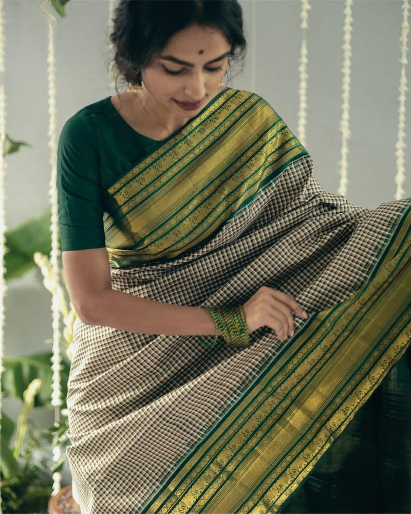 Traditional Green Checks Silk Saree with Temple Border