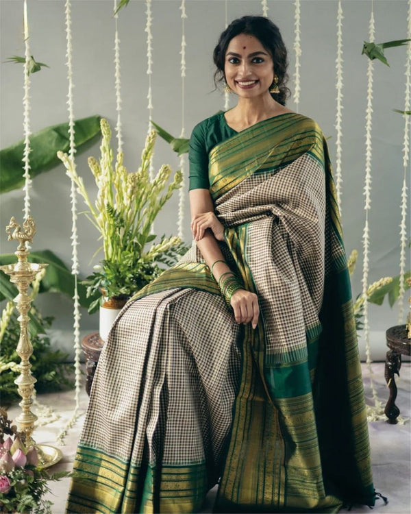 Traditional Green Checks Silk Saree with Temple Border