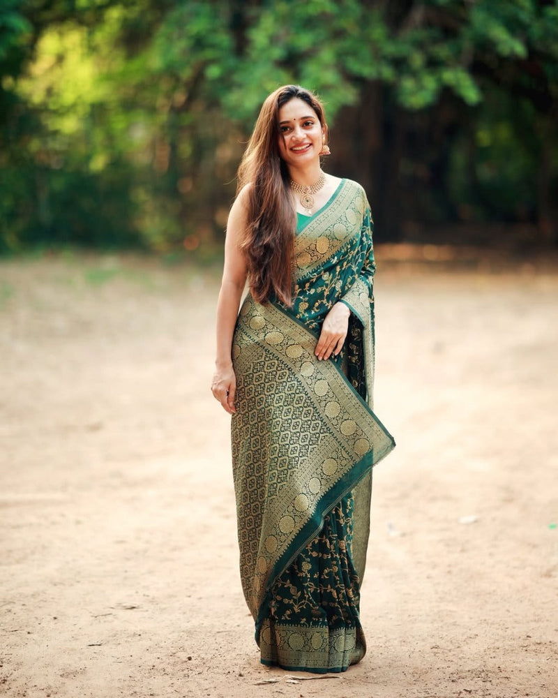 Vasundhara - Green Silk Saree with Gold Zari Floral Work and Ornate Border